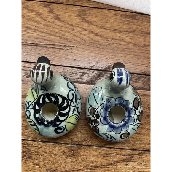 Set of 2 Tonala Mexican Pottery Hand Painted Bird Candle Holders Folk Art Signed - Picture 2 of 6